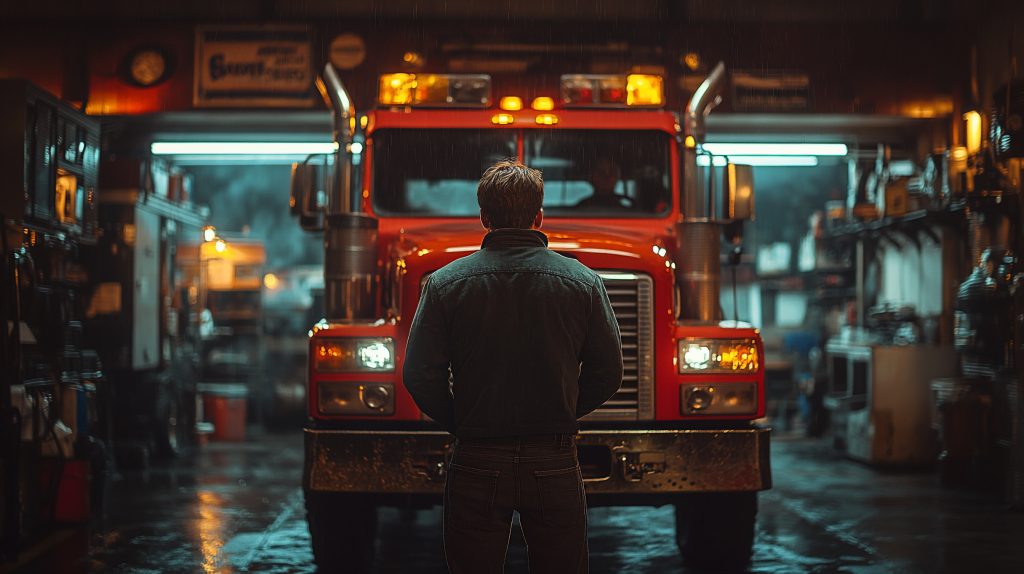 Man stands before a red big rig truck in a garage