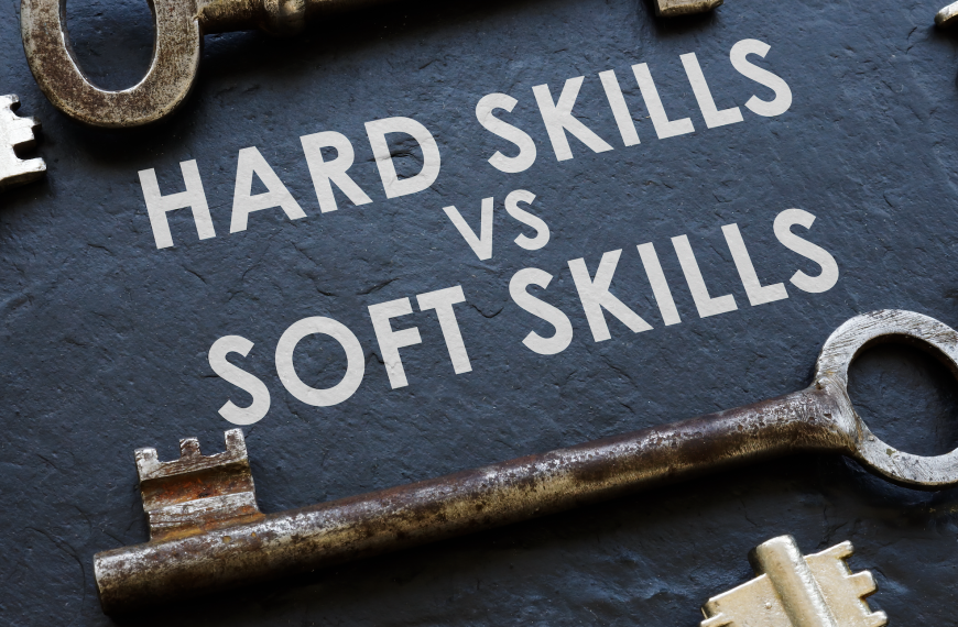 "Hard Sills vs Soft Skills" on blue background with keys