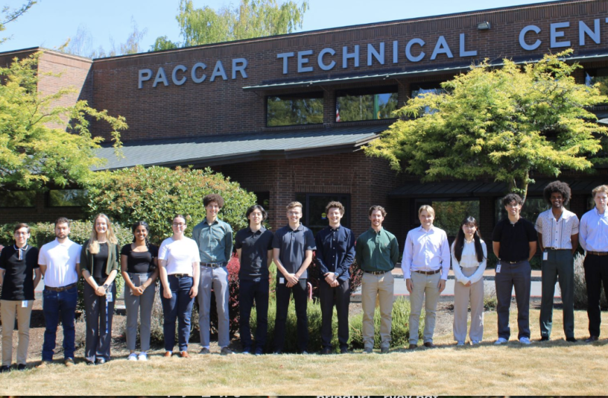 Interns in front of PACCAR Technical Center building