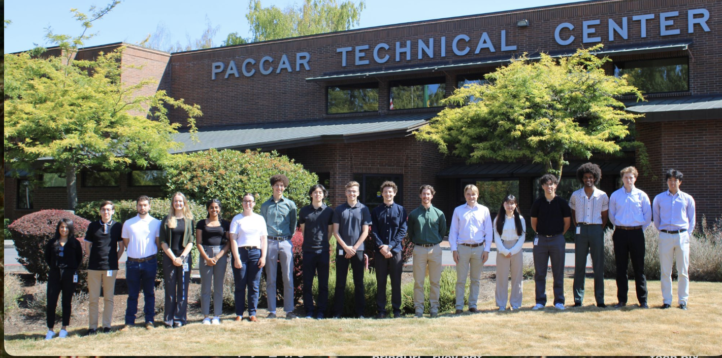 Interns in front of PACCAR Technical Center building