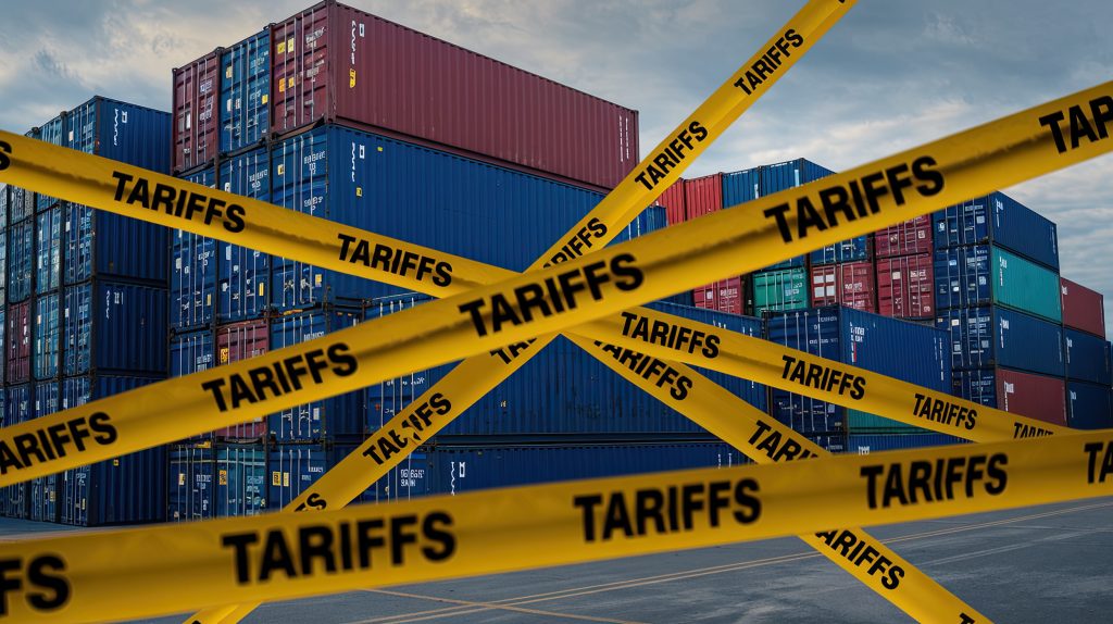 Shipping containers with yellow "Tariffs" tape across them