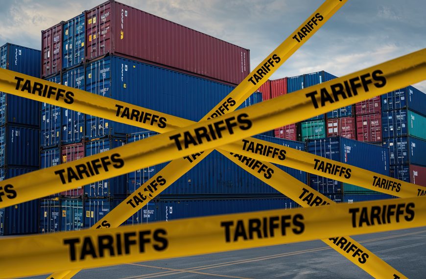 Shipping containers with yellow "Tariffs" tape across them